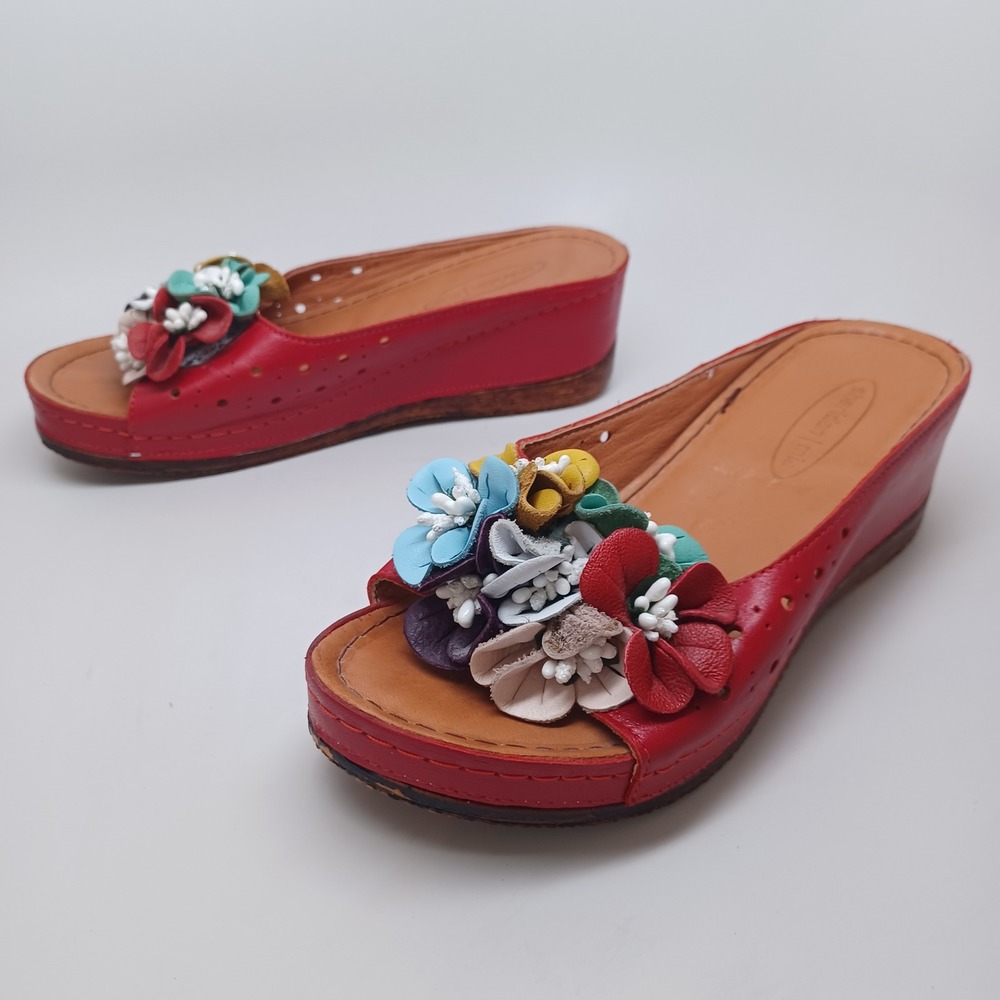 Sheridan Mia Red Leather Floral Wedge Sandals Womens Slides Multi Color Flowers - Picture 8 of 13